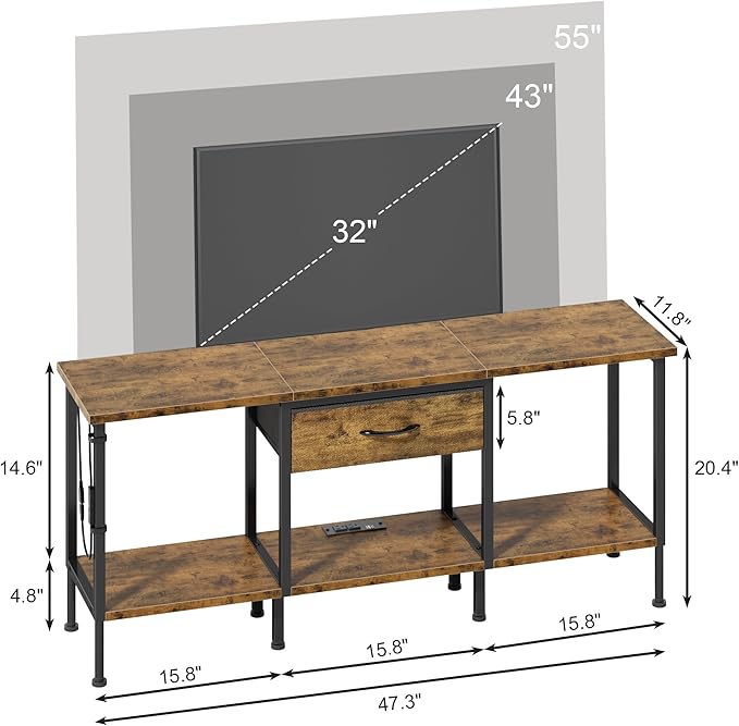 LED TV Stand with Power Outlet and Fabric Drawer for 55 50 45 Inches TV - Entertainment Center and Industrial TV Console Table for Living Room, Bedroom- 47" Rustic Brown