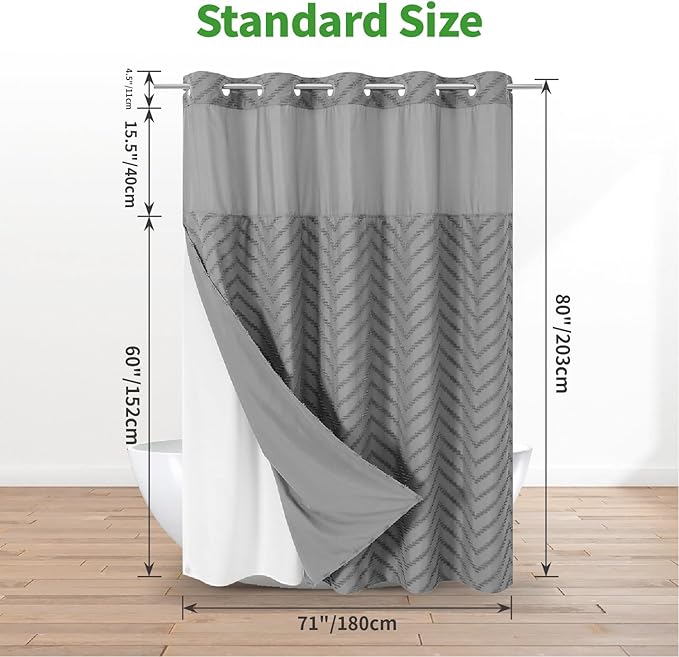 Long No Hook Tufted Chevron Striped Shower Curtain with Snap-in Fabric Liner set-71Wx80H(78H),Grey Hotel Grade Boho Style Shower Curtain with See Through Top Window,Water Repellent