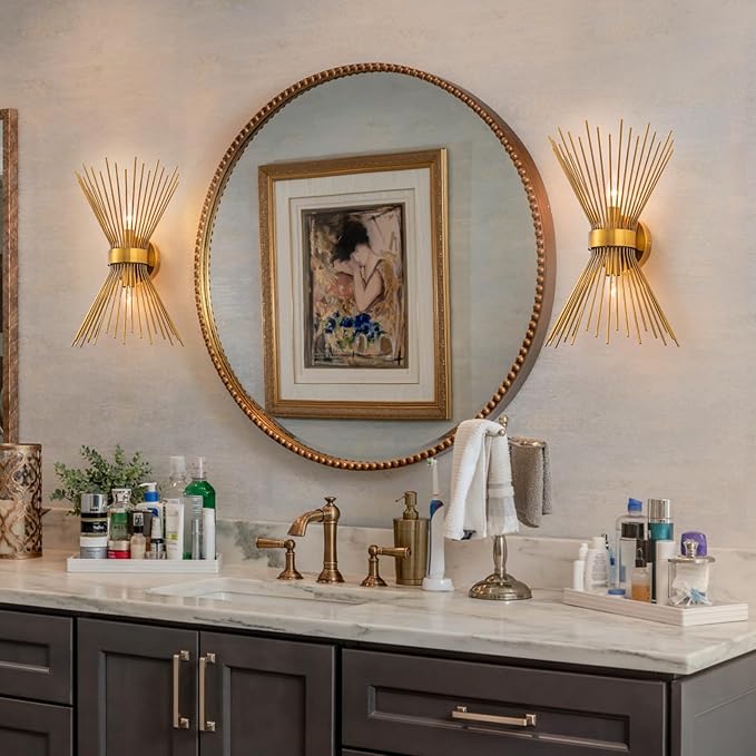 EDISLIVE 2-Bulb Vanity Light Mid-Century Modern Starburst Wall Sconce Lamp Sunburst Sconce Wall Light for Powder Room Bedroom Bathroom