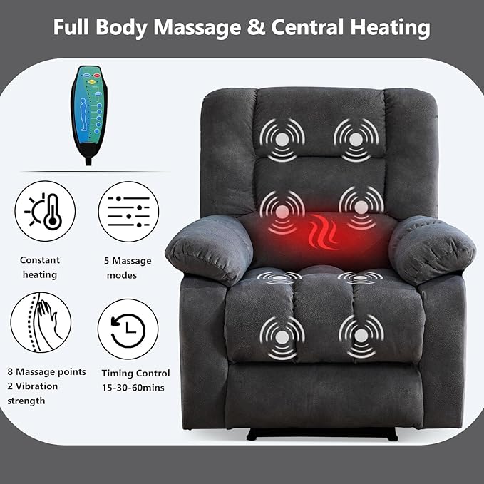 ANJHOME Overstuffed Massage Recliner Chairs with Heat and Vibration, Soft Fabric Single Manual Reclining Chair for Living Room Bedroom (Grey)