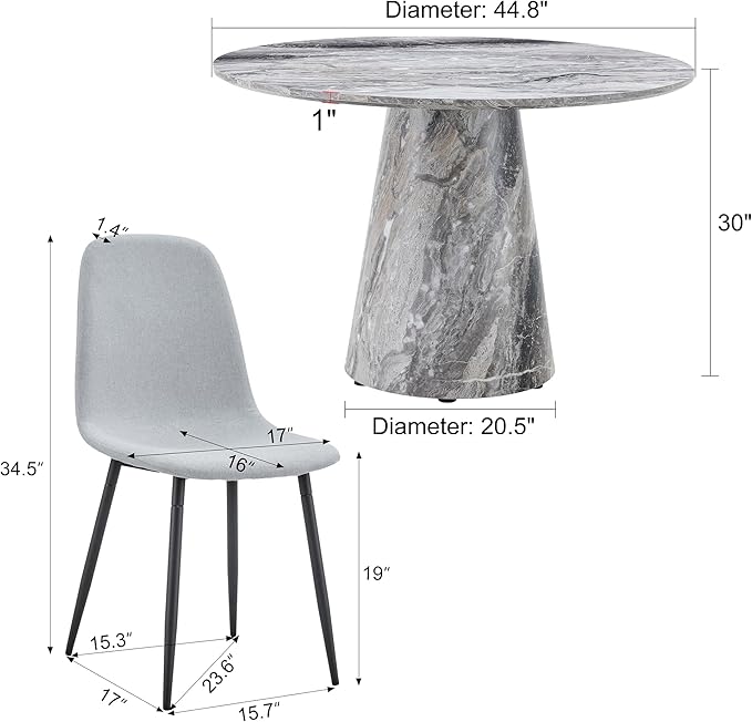 Round Dining Table Set for 6, 45IN Kitchen Table Set with Faux Marble Table Top and PU Upholstered Chairs, Modern Dinner Table with Chairs Set for Dinning Room, Living Room
