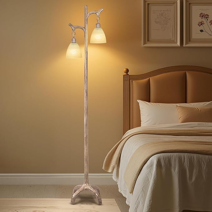 68" Farmhouse Floor Lamp with Glass Shade for Living Room, Vintage Standing Lamp for Bedroom, Rustic Floor Lamp Stepless Dimmable Tree Trunk Tall Lamp for Home Room Office Decor (Bulb Included)