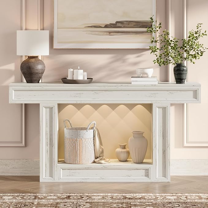 Rresyet 63" Console Table, 2-Tier Entryway Table with Sensor Lights, Coffee Table Behind The Sofa, with U-Shaped Base Suitable for Entryways, Living Rooms, Corridors, and Foyers(White)