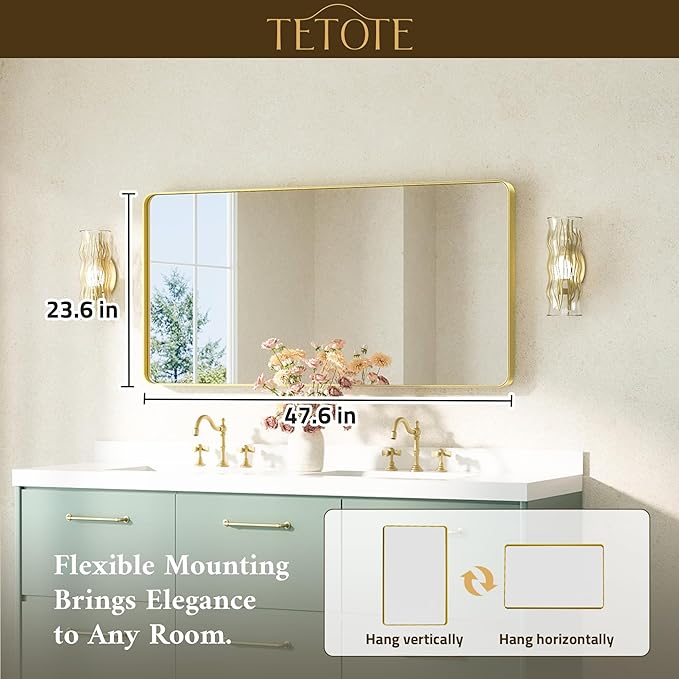 TETOTE Gold Mirror 48 x 24 Brushed Gold Metal Framed Bathroom Mirror, Tempered Glass, Modern Farmhouse Wall Mounted Mirror for Decorative(Horizontal/Vertical)