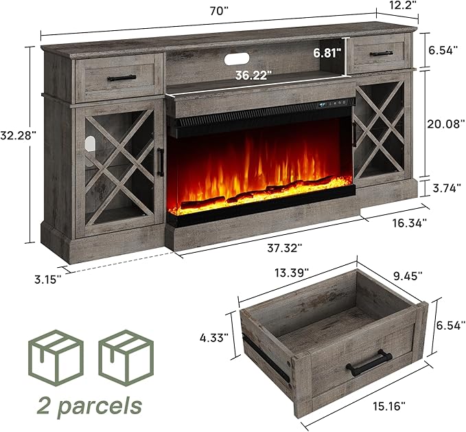 3-Sided Farmhouse LED Fireplace TV Stand, 70" Large Entertainment Center Glass Doors for TVs up to 80", Modern Wood Grain High-Gloss TV Storage Cabinet for Living Room, Light Grey
