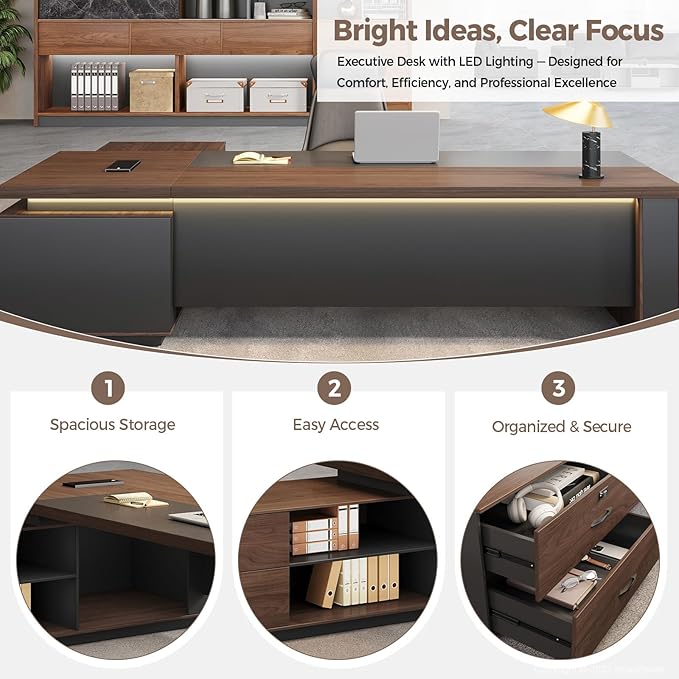 L-Shaped Executive Desk with LED Lights, Lockable Storage & 3-in-1 Charging Station, Reversible Cabinet, Modern Wood Office Desk for CEO, Manager & Home Office(Red Walnut+Black, 95"L*71"W*30"H)