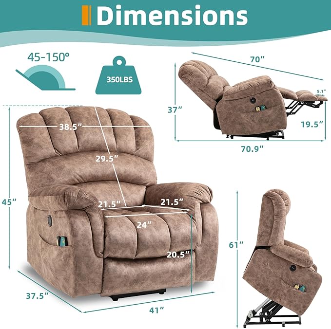 MEETWARM Large Power Lift Electric Recliner Chair with Extended Footrest for Elderly, Big and Tall Lift Chair for Seniors Reclining Chair for Living Room with Massage and Heated,USB Ports(Plush-Brown)