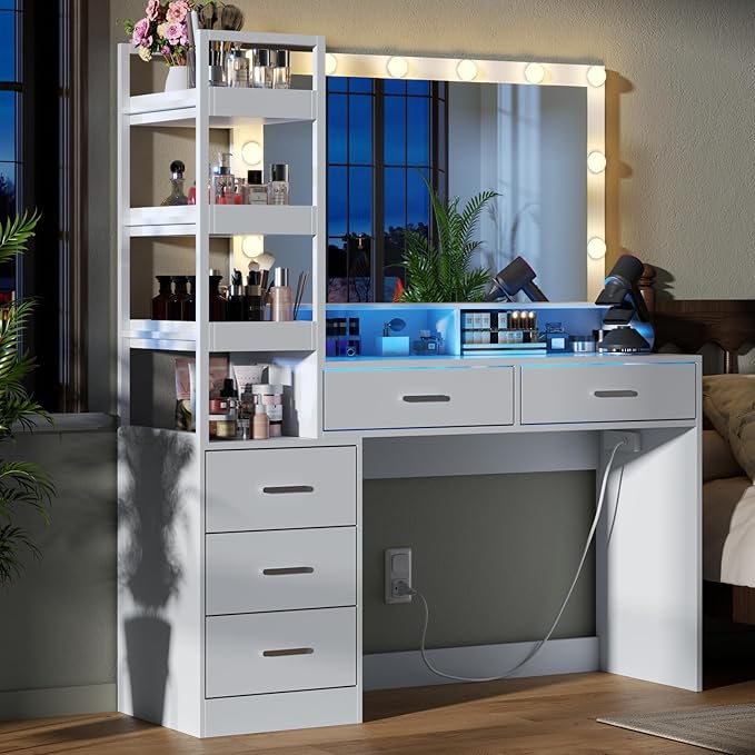 White Vanity Desk with Mirror and Lights, 8 Drawer Makeup Vanity Table with Glass Top, Power Outlets and RGB Lights, Women & Girls Dressing Table with Lighted Mirror（Stool Not Included）