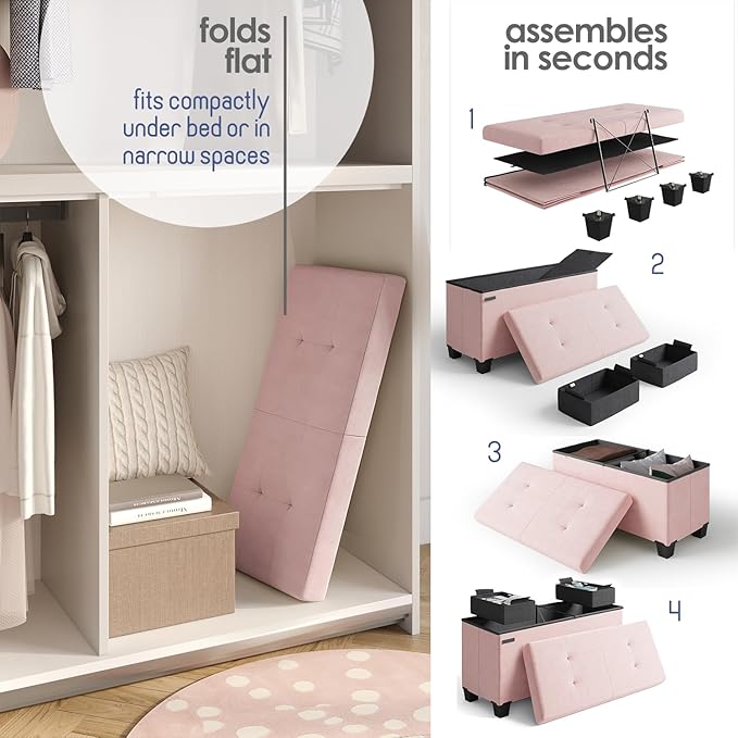 STORAGEBUD Storage Ottoman Bench with Bins, 30-in Storage Bench for Bedroom End of Bed, Folding Foot Rest Ottoman for Living Room Max 660lbs, Velvet Ottomans, Pink