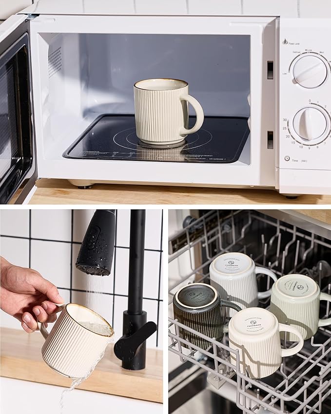 famiware Coffee Mug Set for 4, Star 12 oz Catering Mugs Cup Set with Handle for Coffee, Tea, Cocoa, Milk - Ceramic Stoneware Drinkware Set, White