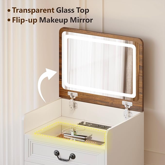 Farmhouse 3 in 1 Vanity with 2 Sockets USB, LED Small Makeup Desk with Flip Top Mirror, Compact Vanity with Glass Desktop, Storage and Cushioned Stool with Wheels,3 Drawers, for Bedroom White