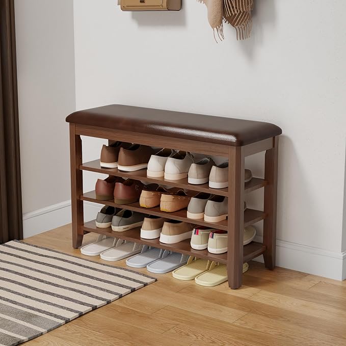 AQIMUELE Shoe Bench with Leather Cushion, 3 Tiers Shoe Storage Bench Height Adjustable, Walnut Wood Entryway Bench for Hallway, Mudroom