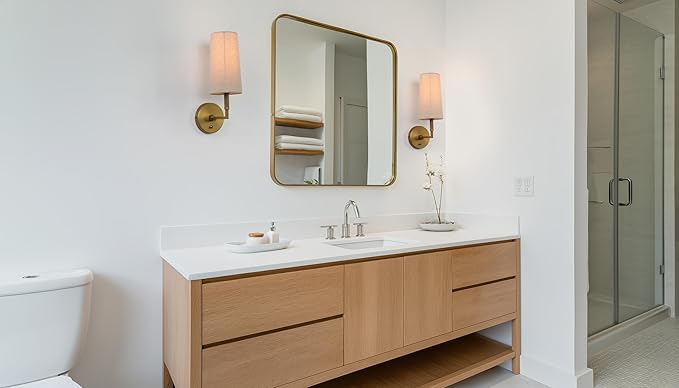 Brass Wall Sconces Set of Two, Hardwired Linen Fabric Shade Wall Lamps, Bathroom Vanity Lights Fixture with Switch, Indoor Wall Lights for Bedroom Living Room Corridor