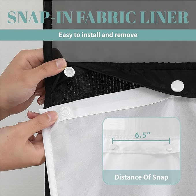 Black Long No Hook Waffle Weave Shower Curtain with snap-in Liner Replacement, 230GSM Waterproof Fabric Hotel Shower Curtain Set for Bathroom, Through Mesh Top Window,71Wx80H