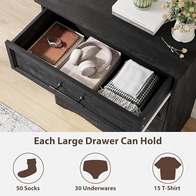 Black Dresser for Bedroom, 36" Tall 4 Drawer Dresser Chest with Sleek Brushed Metal Handles, Wood Storage Cabinet with Unique Base Design, Closet Organizer for Bedroom, Living Room, Hallway