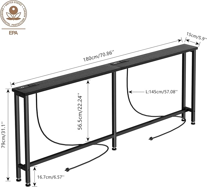 70" Narrow Console Sofa Table - 2 Power Outlets & 4 USB Ports, Metal Frame, Black, Perfect for Hallway, Office, and Behind Sofa - Easy Assembly, 4.9' Extension Cord Included