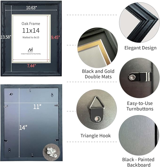 11x14 Picture Frame for Wall Hanging Solid Oak Wood, 8x10 Picture Frame with Mat,11x14 Premium Photo Frame with Real HD Tempered Glass,Ideal for Home Decor, Art Gallery,Black, 1 Pack