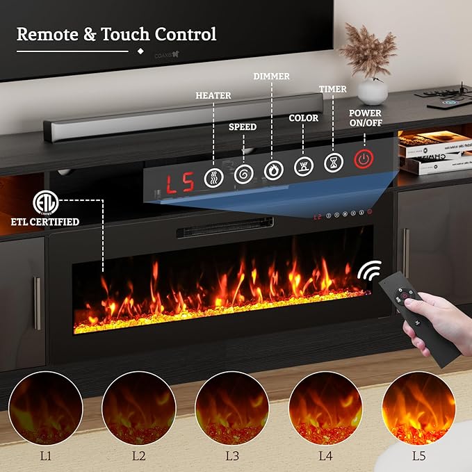 80'' TV Stand with 42'' Fireplace - LED Light Entertainment Center for 90 inch TVs - Black Cabinet with Storage, Modern Console for Living Room