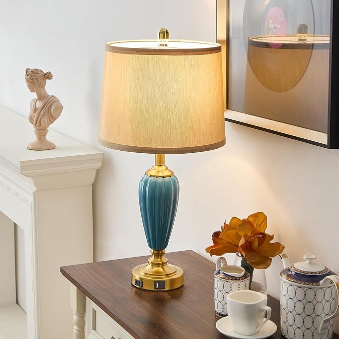 Living Room Table Lamp, 25.5" Touch Lamp for Nightstand with USB A+C Ports, Modern Farmhouse Table Lamps for Bedroom, Bulb Included