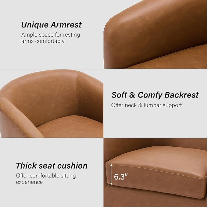 Swivel Barrel Chair, Modern Round PU Leather Accent Armchair for Living Room, Bedroom, Oversized Comfy Club Reading Chairs for Adults (Leather Brown, Set of 2)