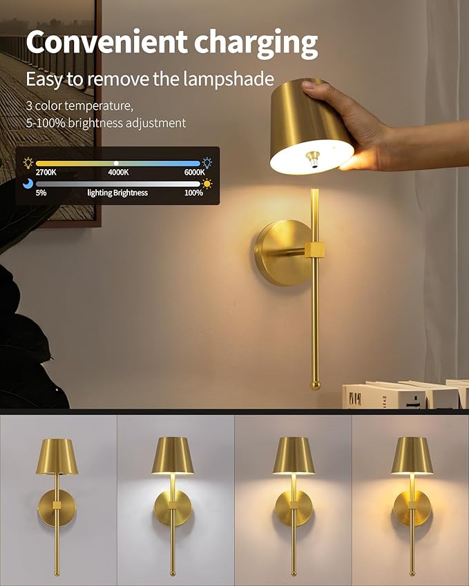 KDG Wireless Wall Sconces Set of 2, Small Cordless 5200mAh Rechargeable Battery LED Wall Lamps, Stepless Dimming Lightings for Wall Painting, Living Room, Bedroom, Hallway, Gifts, Night Light (Gold)