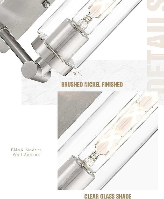 Emak Modern Wall Lights, Brushed Nickel Sconces with Clear Glass Shade, 2 Light Bathroom Vanity Light for Bathroom, Mirror, Living Room, Bedroom, Gallery, WS086-BN-CG-2PK