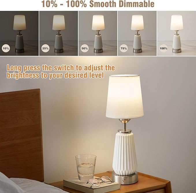 Cordless Table Lamp-Battery Powered Lamp 4000mAh Rechargeable, Stepless Dimmable, Farmhouse Ceramic Touch Bedside Lamp,Portable LED Night Light for Bedroom, Living Room, Office, Bulbs Included(Silver)