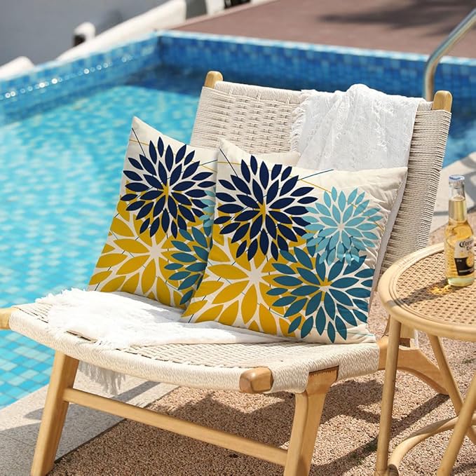 DFXSZ Outdoor Pillow Covers 18x18 Inch Set of 2 Green Yellow Blue Flower Decorative Waterproof Spring Summer Outdoor Pillow Covers for Patio Funiture Garden Couch 168F18