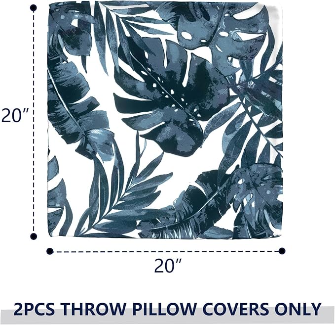 Outdoor Pillow Covers for Patio Furniture 20x20 Inch, Decorative Patio Throw Pillow Covers Set of 2, Modern Square Cushion Cases for Porch Garden Home Office, Palm Blue