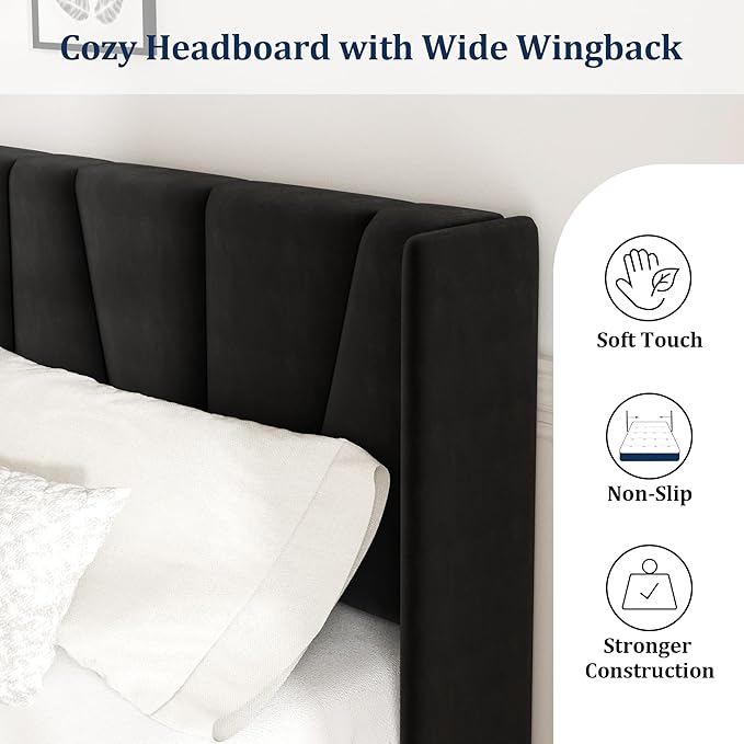 Queen Bed Frame with Headboard and Wingback, Velvet Upholstered Platform Bed, Mattress Foundation with Wooden Slat Support, No Box Spring Needed, Easy Assembly, Noise Free, Black