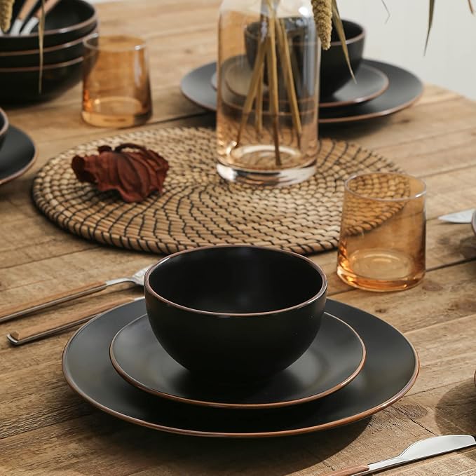 Stone Lain Brasa Stoneware 32 Piece Dinnerware, Plates and Bowls Sets for 8, Black, Glossy Rustic-Chic Design, Microwave & Dishwasher Safe