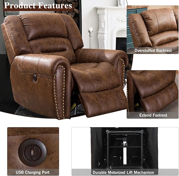 ANJ Electric Power Recliner Set of 2, Breathable Bonded Leather Reclining Chair Classic Home Theater Recliners Seating W/USB Port, Electric Recliner Chairs for Living Room (Nut Brown)