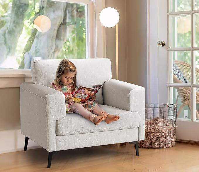 CDCASA Accent Chair, Linen Fabric Oversized Mid Century Modern Chair Set of 1, Comfy Upholstered Armchair Reading Accent Chairs Sofa Chairs for Bedroom Living Room, Beige