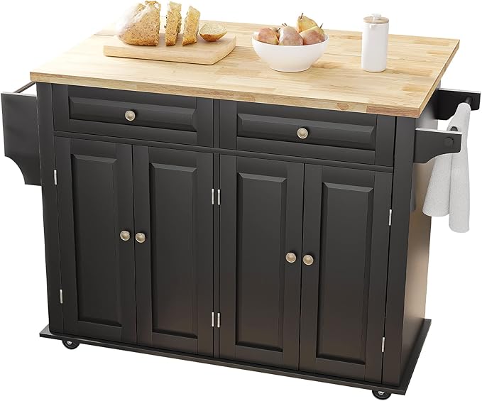 Rolling Kitchen Island with Drop Leaf – Movable Kitchen Carts on Wheels Island with Storage Cabinet, Island Table for Kitchen with Rubber Wood Top and Rack and Drawer, Matte, Black