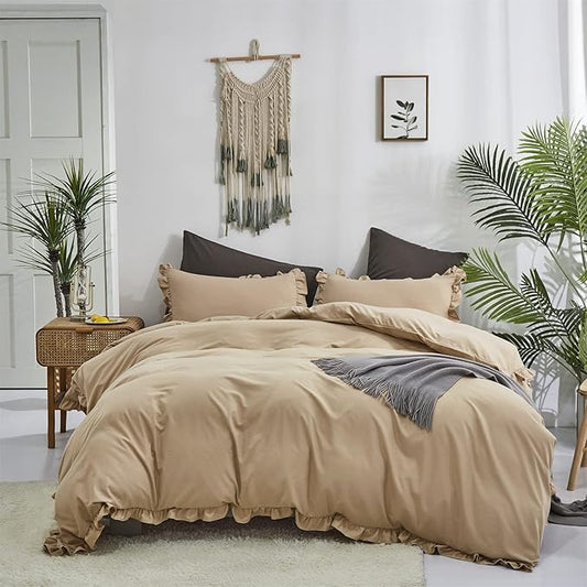CLOTHKNOW Champagne Twin/Twin XL Comforter Set 3Pcs Ruffles Farmhouse Bedding Comforter Sets Soft Shabby Chic Taupe Comforter with 2 x Pillow Cases
