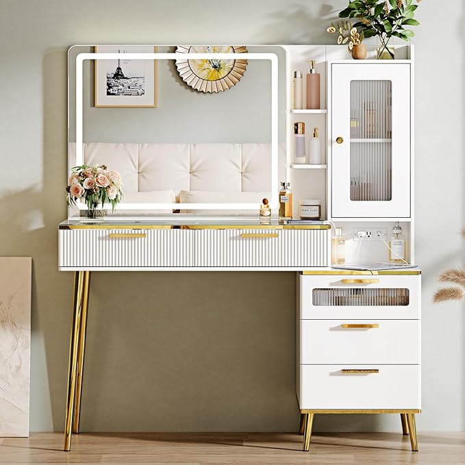 Vanity Desk with 29.53" HD Lighted Mirror, 47.24" Big Modern Vanity Desk with Mirror and Lights, Makeup Vanity with 5 Drawers and Storage Shelves and Charging Station, White