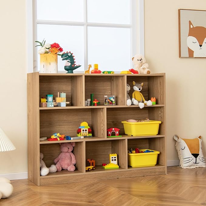 Toy Storage Organizer, 3-Tier Kids Bookshelf, 8 Cube Kids' Bookcases, Cabinets & Shelves, Wooden Toy Organizers, Small Book Shelf for Bedroom, Playroom, Classroom, Nursery (Natural)