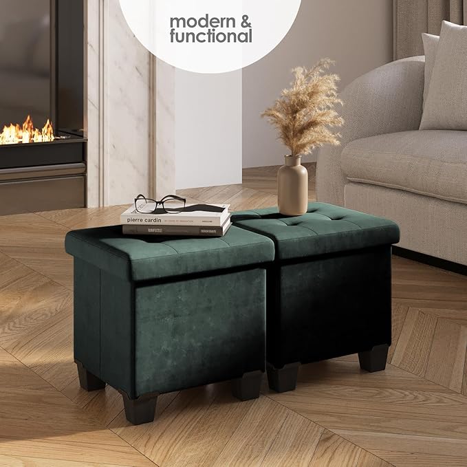 STORAGEBUD Storage Ottoman Cube with Small Bin, 15-in Square Ottoman with Storage for Living Room and Bedroom, Small Ottomans Foot Rest, Velvet Foot Stools Ottomans Max 330lbs, Green