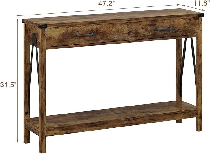 ChooChoo 47'' Farmhouse Console Table with Drawer, Entryway Table with Storage Shelf, Rustic A-Design Sofa Table for Hallway, Entrance, Living Room, Rustic Brown