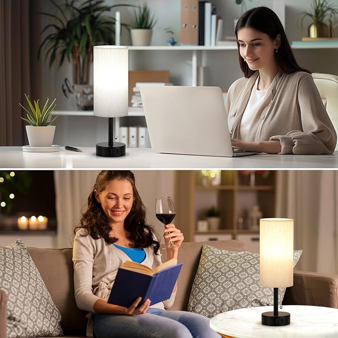 Bedside Table Lamp for Nightstand - 3 Color Temperatures Pull Chain Lamp with AC Outlet Charging Port, Round Night Stand Light for Bedroom Living Room, Small Bed Side Light with E26 LED Bulb