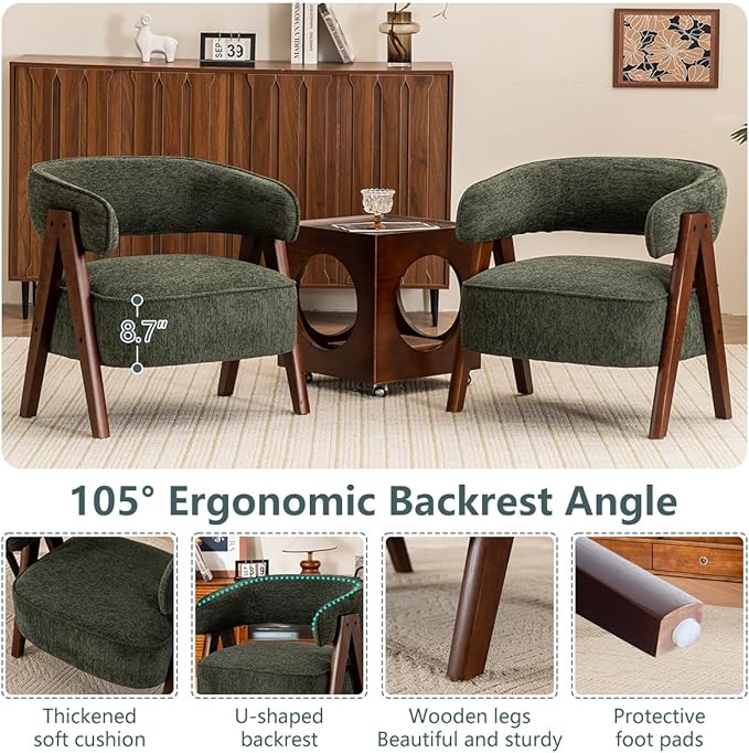 Kidol & Shellder Mid Century Accent Chair Set of 2 Comfy Fabric Modern Living Room Bedroom Chairs Upholstered Lounge Reading Armchair with Thicken Seat Cushion Wood Frame （Green）