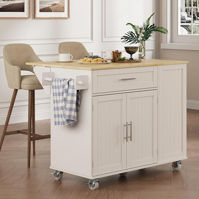 Rolling Kitchen Island with Drop Leaf, Kitchen Island Cart on Wheels with 43.3" W Top, Portable Kitchen Cart with Trash Can Storage, Kitchen Islands with Storage for Small Space, White