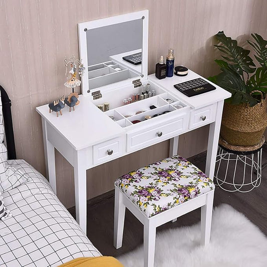 CHARMAID Makeup Vanity Desk with Flip Top Mirror, 3 Drawers, 7 Storage Compartments, White Writing Desk Dressing Table Vanity Set with Cushioned Stool for Kids Girls Women, Easy Assembly