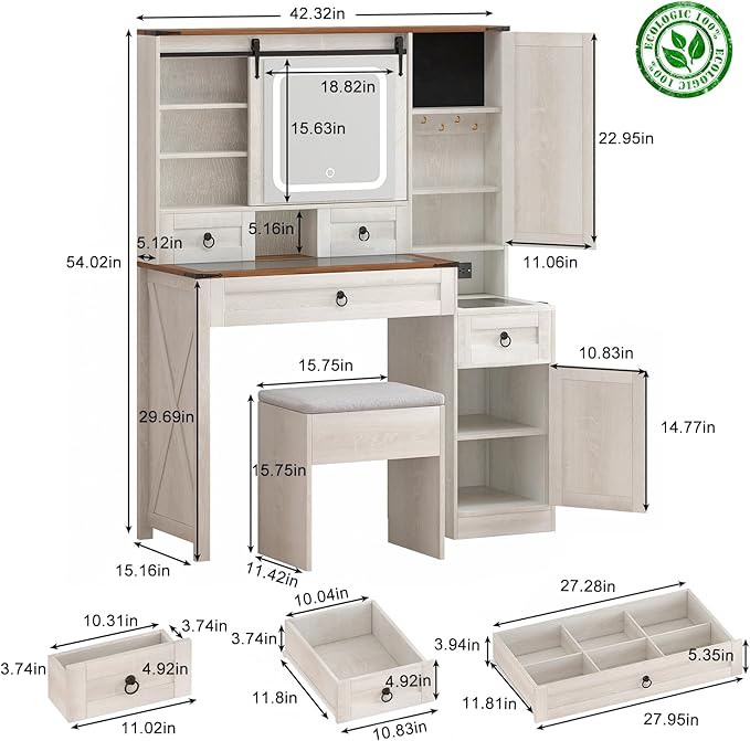 Farmhouse Makeup Vanity Desk with Sliding Mirror and Lights, 42" Glass Top White Vanity Set with Charging Station & 4 Drawers & 2 Cabinets, Dressing Table with Stool for Bedroom