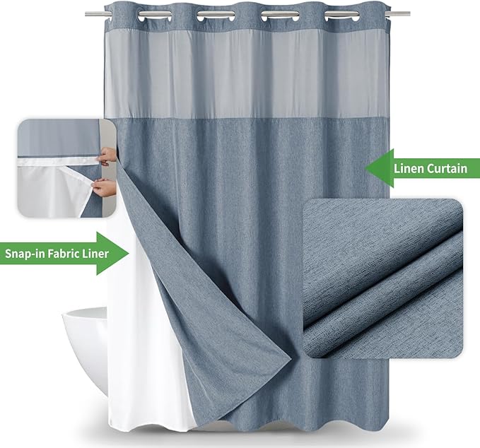Extra Long No Hooks Needed Linen Textured Shower Curtain with Snap-in Fabric Liner Set,Blue Grey Hotel Luxury Decor Shower Curtains for Bathroom,Waterproof & Washable,71Wx86H