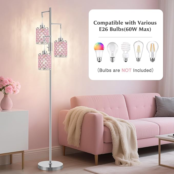 Pink Crystal Floor Lamp, 3-Light Standing Tall Lamp with Sparkling K9 Crystal Shade, Rotary Switch, Easy Assemble Lamps for Living Room, Bedroom, Home Office, Girls Room