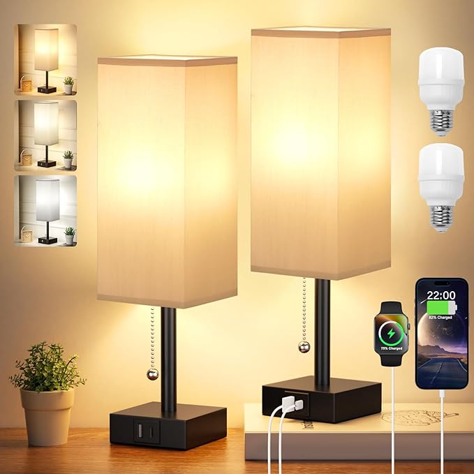 Bedside Table Lamps Set of 2 - Grey Bedroom Lamps with 3 Color Temperatures (3000K/5000K/4000K), Two Square Nightstand Lamps with USB C + A Charging Ports, Pull Chain Small Night Light for End Table