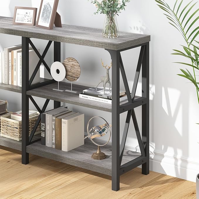 IBF Sofa Table, Modern Metal Wood 3 Tier Entryway Table, Industrial Console Table with Storage Shelves, Foyer Hallway Couch Table Behind Sofa for Living Room, Long Horizontal Bookshelf, Grey Oak, 55in