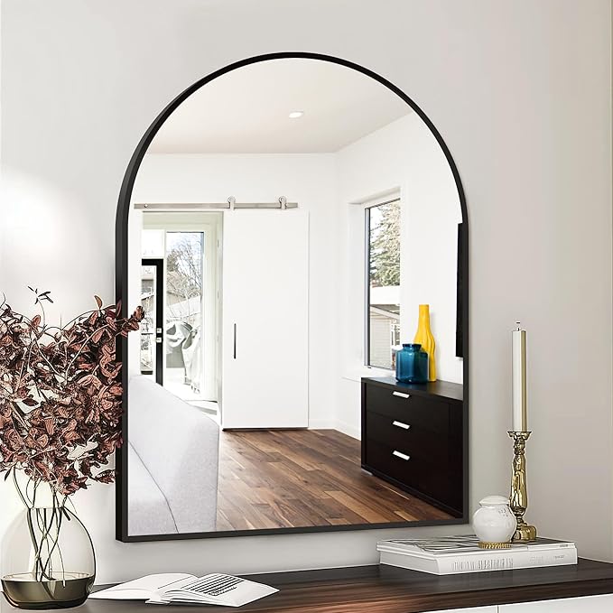 FICTOR Bathroom Vanity Mirror for Wall,40”x30” Large Arched Metal Framed Bathroom Mirror for Over Sink,Entryway, Living Room,Bedroom(Black)