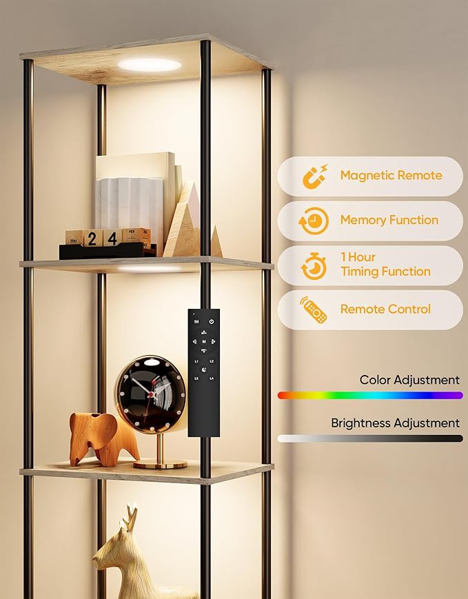 Display Shelf with RGBW Light, Color Changing Curio Cabinet Floor Lamp with Shelves Corner Standing Column Lamp Etagere Organizer Tower Nightstand Bookcase for Living Room Bedroom Office Décor, Gray